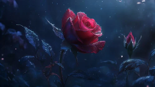 Red rose with frost in dark blue light.