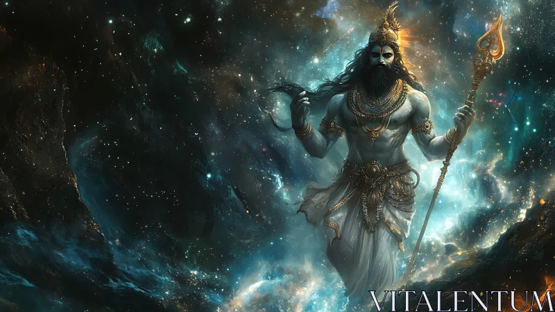 Starlit cosmic deity striding through nebula stormlight.