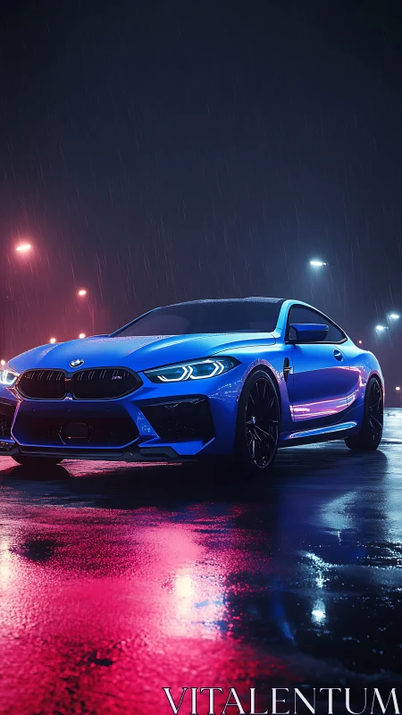 Electric blue sports coupe glows on neon-soaked wet street.
