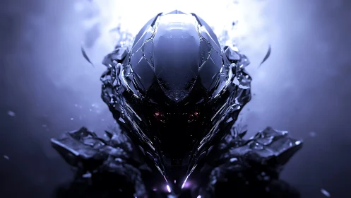 Shattered cybernetic helm emerges from the stormy neon void