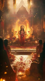 Goddess stands in radiant temple during sacred ceremony.