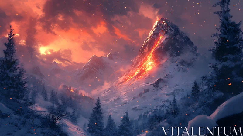 Volcanic fissure ignites snowbound peak under incandescent sky