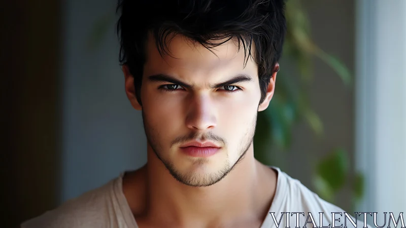 Intense young man stares forward in soft natural light.