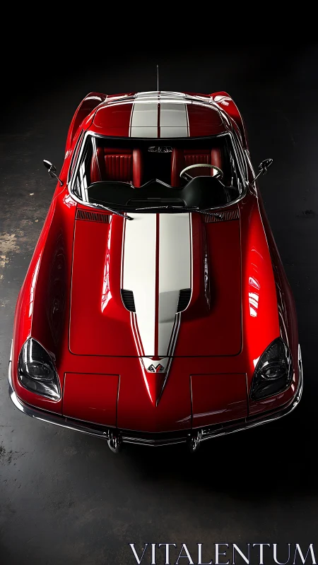 Crimson classic muscle car crowned with racing ivory stripes.