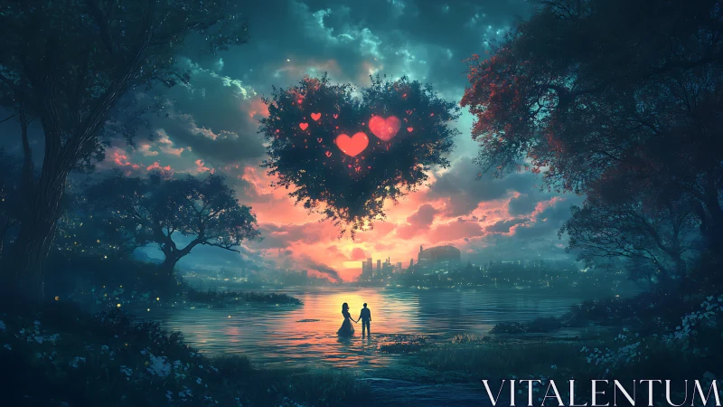 Romance blooms beneath hearts in twilight paradise.