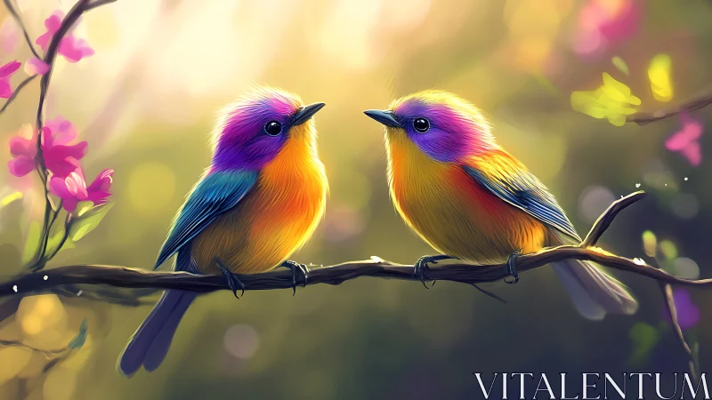 Two Colorful Birds on Branch in Dreamy Digital Painting Style.
