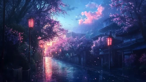 Night street scene shows wet pavement and illuminated trees