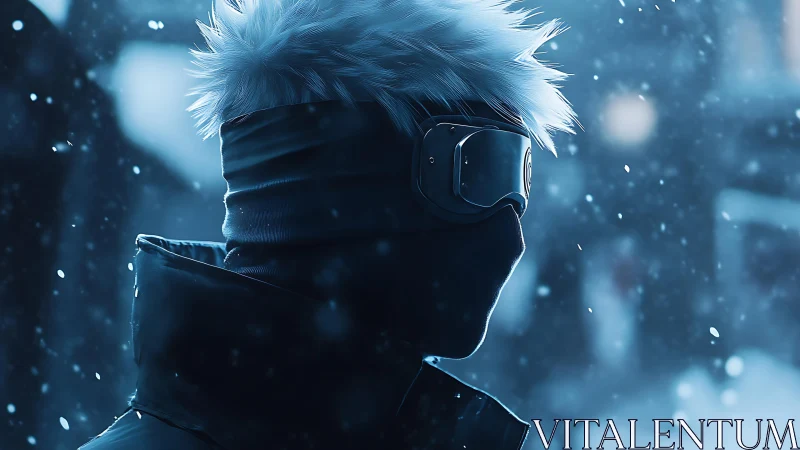 Profile of masked figure in snowy blue urban environment.