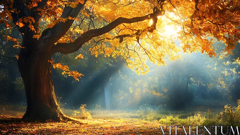 Sunlit autumn tree in misty forest clearing at dawn.