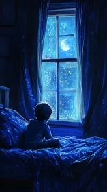 Moonlit child at the window wrapped in quiet blue wonder.
