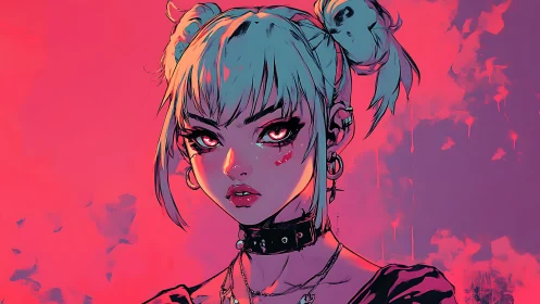 Neon cyberpunk girl portrait with intense glowing eyes.