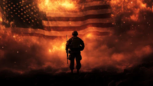 US soldier silhouette before fiery American flag backdrop.