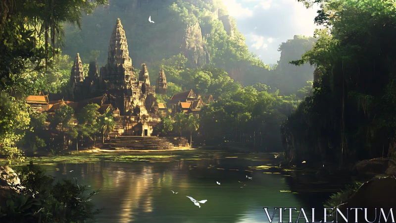 Sunlit jungle temple beside a calm, dreamlike river.