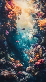 Sunlit coral canyon hums while two curious fish wander