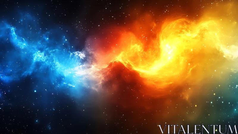 Cosmic blue and gold nebula stream across deep space.