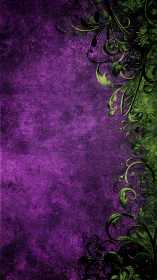 Grunge purple backdrop with green ornamental flourishes