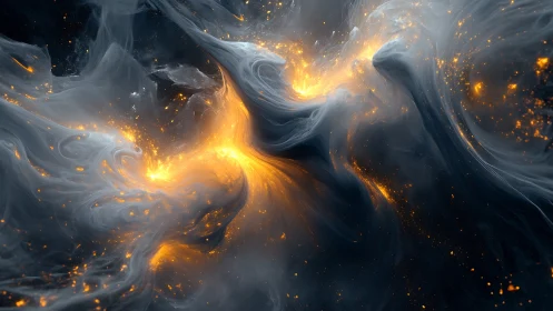 Swirling gray nebula wraps around bright orange plasma core