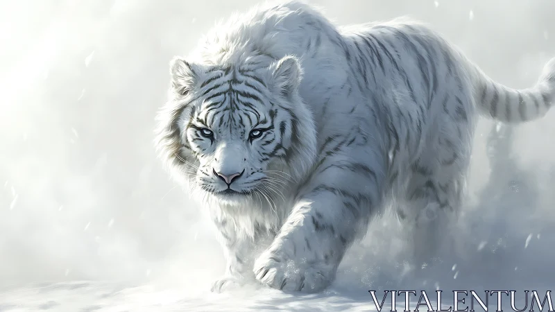 White tiger walks through dense snow in a mist-filled scene