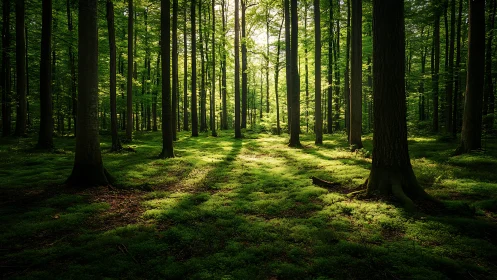 Sunlit Forest with Tall Trees and Mossy Floor in Natural Style.