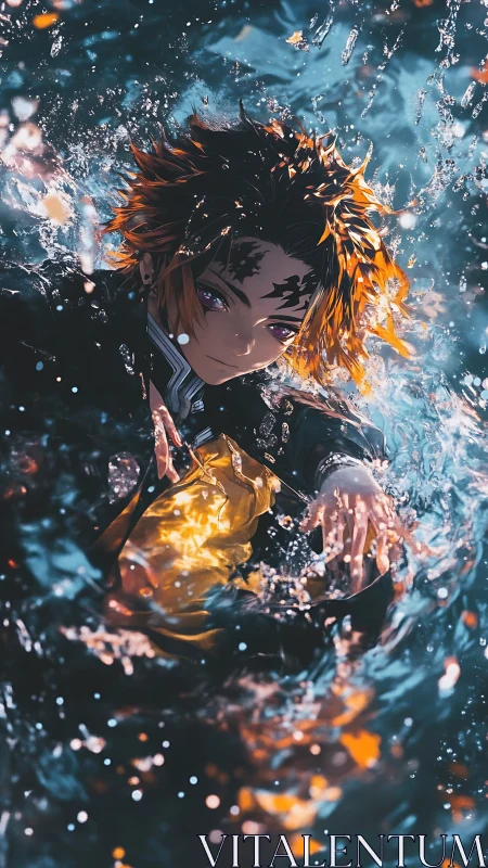 Storm-eyed warrior drifting through molten sapphire waters.