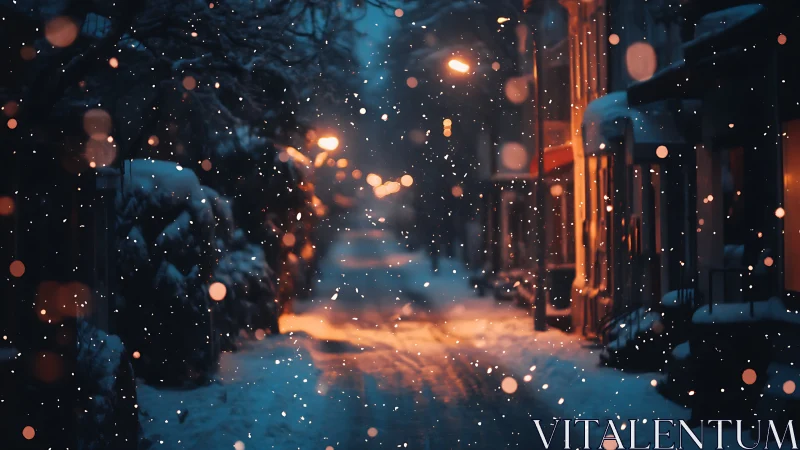 Snowy city street at dusk with warm glowing lights.