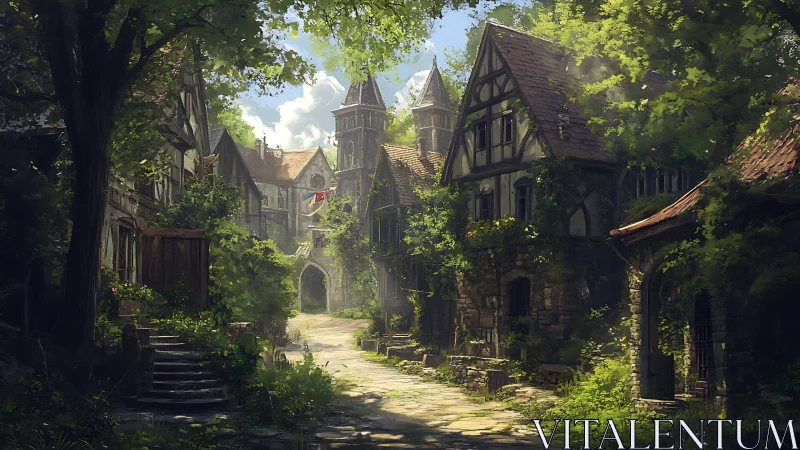 Sunlit medieval village lane framed by lush overgrown trees.