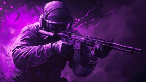 Violet combat ghost aims through neon-splashed battlefield.