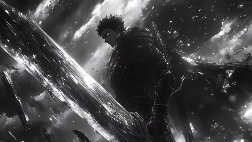 Storm-lit warrior stands firm with colossal sword raised high