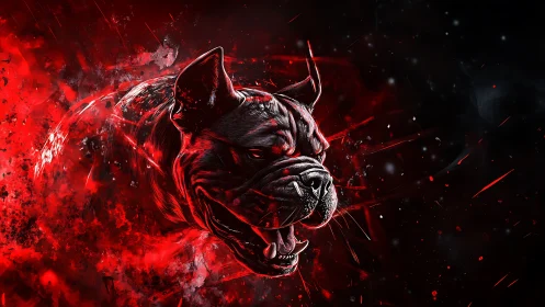 High-contrast digital pitbull portrait with explosive red particle field