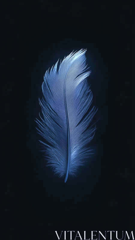 Blue feather glows softly against deep black void.