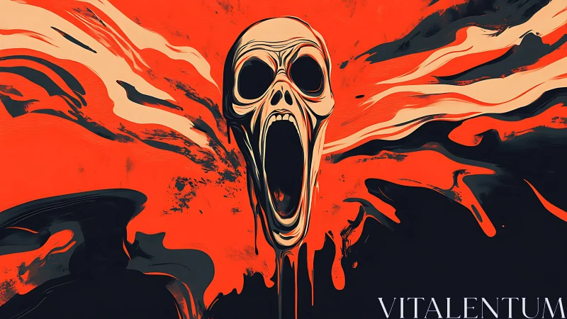 Psychoacoustic scream skull amid fluid chromatic turbulence.