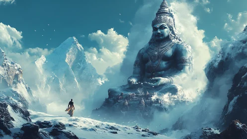 Colossal snowbound deity overlooking pilgrim in alpine pass