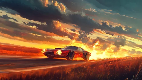 Sunset asphalt erupts as a fire‑trailing muscle car sprints