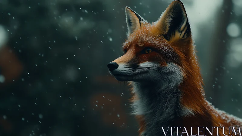 Red fox side profile in snowfall within dark forest setting.
