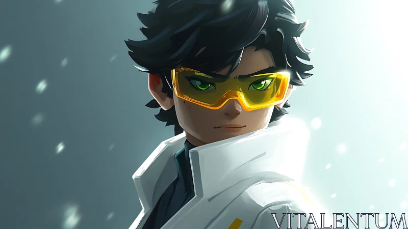 Futuristic anime hero in white tech suit under rim lighting