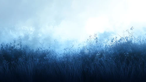 Dense blue-tinted grass and shrubs under diffuse misted sky.