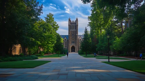Gothic collegiate tower framed by axial walkway and dense tree canopy
