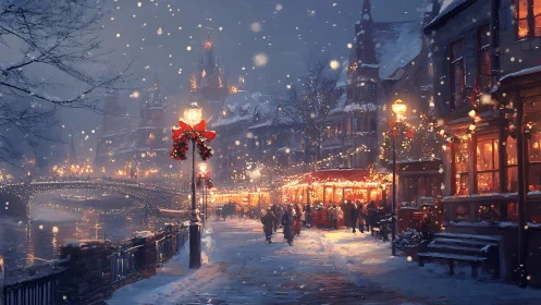 Snowy European street glows with festive winter market lights