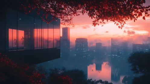 Glass house above misted city skyline at red sunset.