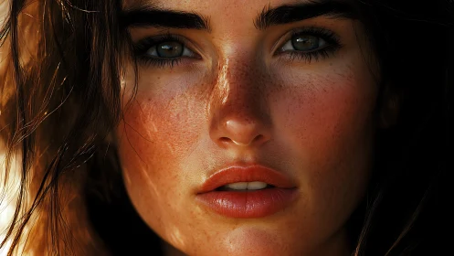 High-resolution freckled portrait with cinematic skin rendering.