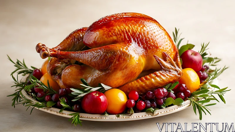 Whole roast turkey on platter with fruit and herb garnish
