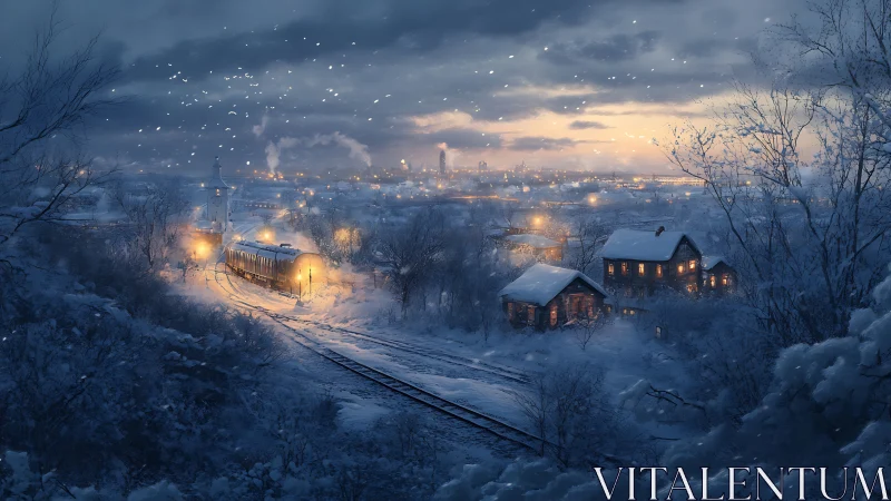 Snowbound railway town glows under a winter twilight sky.