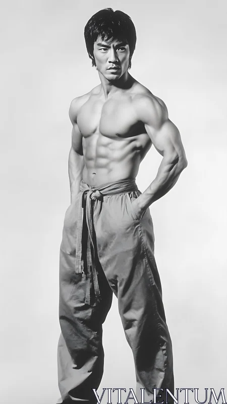 Male subject stands shirtless in relaxed three-quarter pose