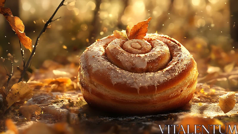 Cinnamon Roll with Autumn Leaves in Golden Light.