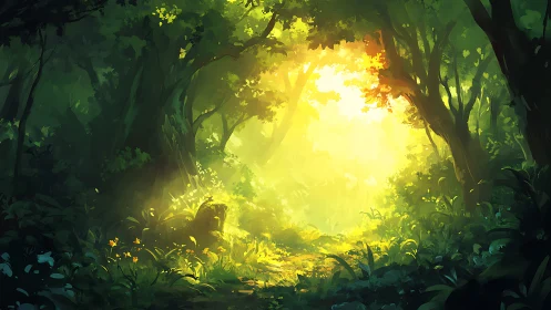 Luminous Forest Clearing with Golden Sunlight Filtering Through Canopy