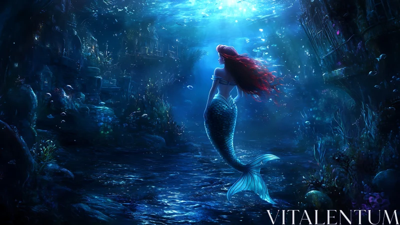 Solitary mermaid in dim blue underwater ruin environment.