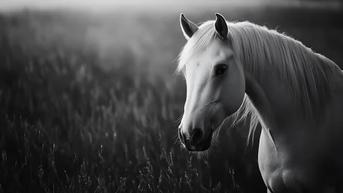 White horse in profile within dark blurred grassland field.