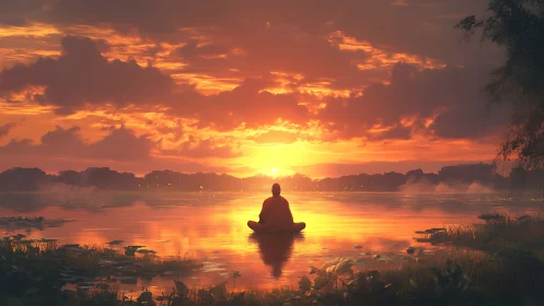 Person meditating by a calm lake at vivid orange sunset.