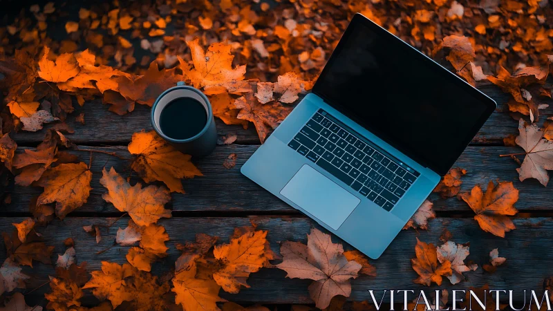 Laptop and coffee bask in ember-bright autumn leaves.