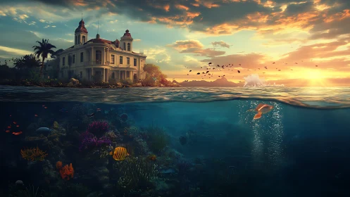 Coastal mansion above tropical reef at sunset seascape overview.